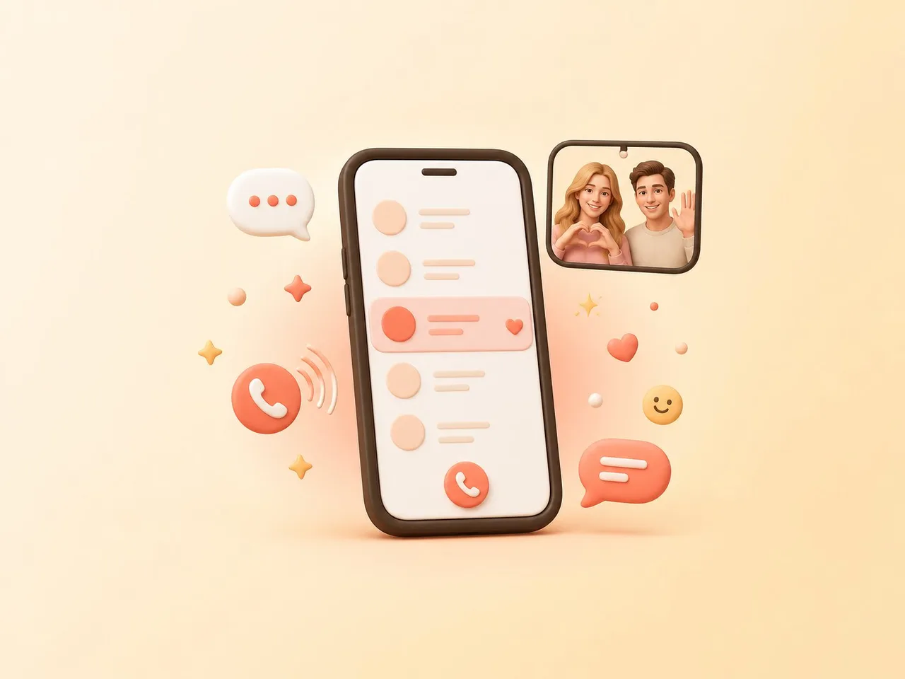 A phone showing the Talk to Strangers match list, with a live video call and chat bubbles around it