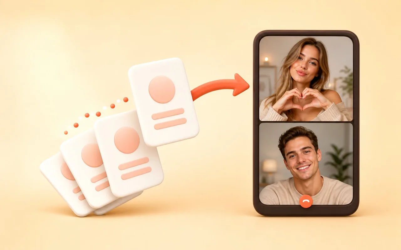 Random match: profile cards shuffle into a live video call with a woman and a man